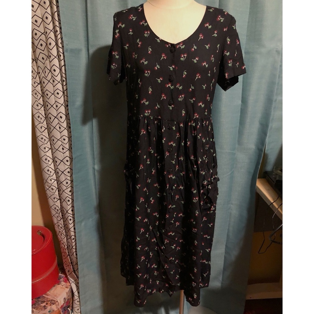 Vintage Cherry Print Dress w Buttons